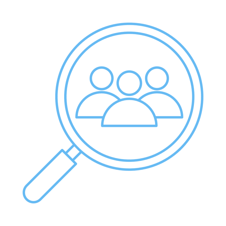 Icon of a magnifying glass over three user figures, representing search or analysis of users.